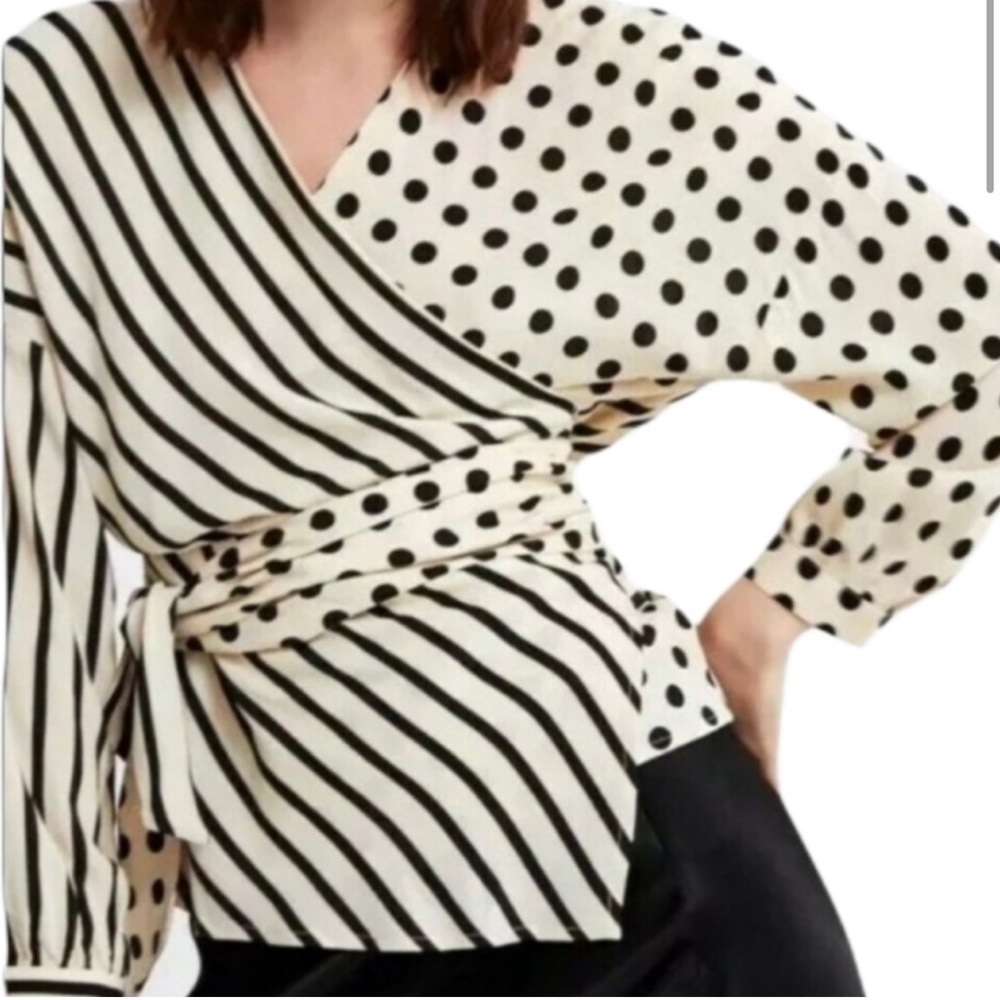 Zara Wrap Top Size XS Tie Polka Dot Stripes Black and White